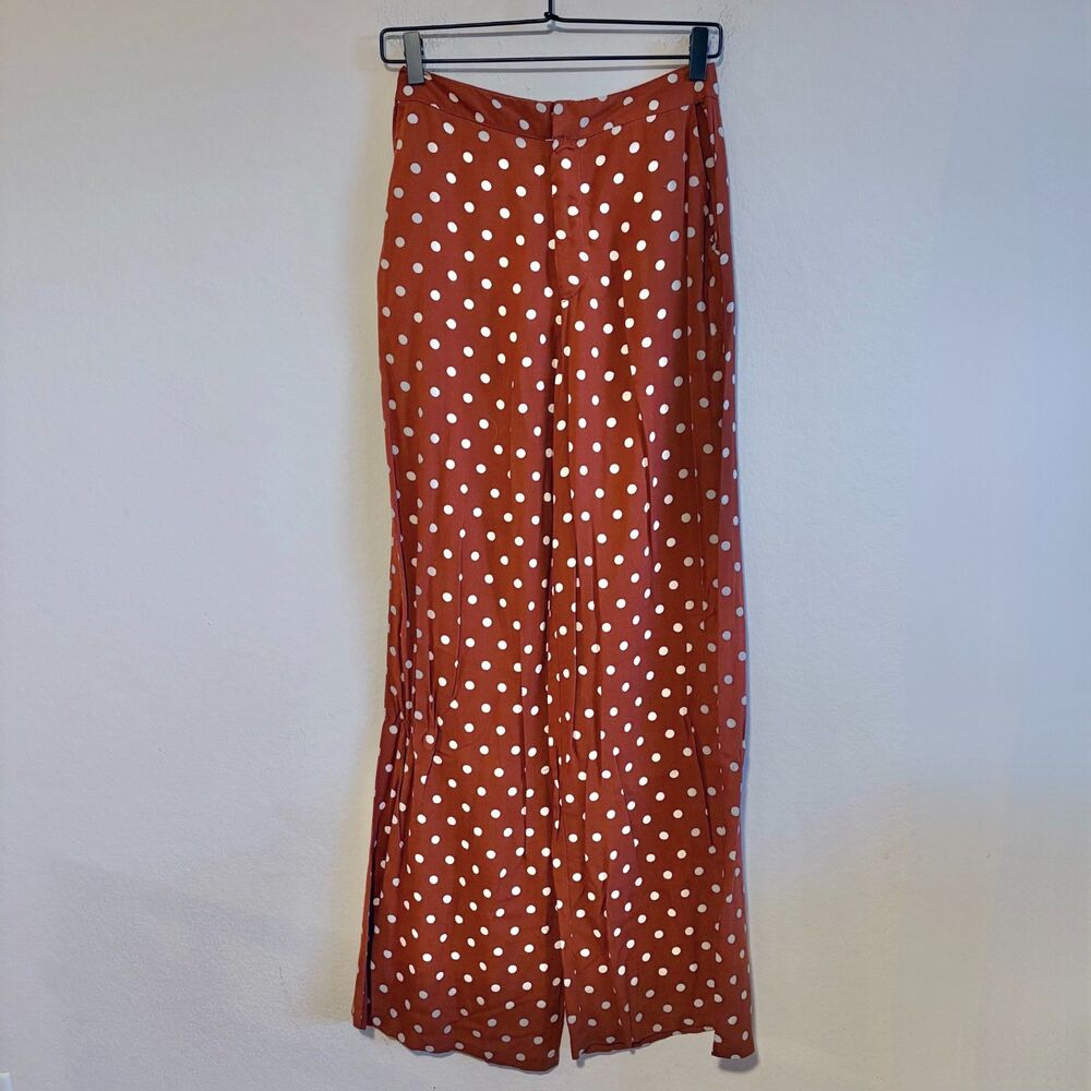 AMICHI Burnt Orange White Polka Dot High Waist Flare Wide Leg Pants Women Small